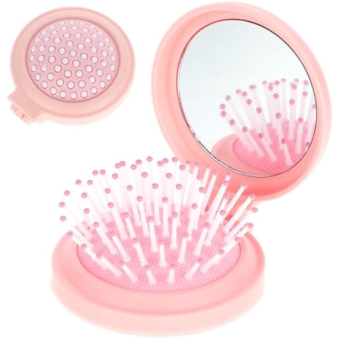 Gtziqa Travel Hair Brush with Mirror, Folding Mini Hair Brush Round Pocket Brushes Compact Travel Brushes for Hairs, Foldable Mini Purse Mirror Portable Massage Comb for Women and Girls, Pink - Image 1